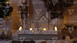 TRACON Casă de Crăciun cu LED, culoare albă, din lemn, cu baterii Timer 6+18h, 12LED, 3000K, 2xAA (CHRWHW12WW)