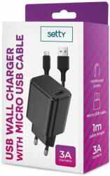 setty. hálózati töltő 1x USB 3A fekete + microUSB kábel 1, 0 m (GSM106086)