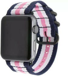 Apple Watch 4-6, SE, SE (2022) (42 / 44 mm) / Watch 7-9 (45 mm) / Watch Ultra 1-2 (49 mm), műanyag pótszíj, szőtt, állítható, 3 színű csíkkal, Xprotector, sötétkék/fehér/rózsaszín - tok-shop