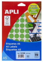 APLI Etikett, 19 mm kör, színes, A5 hordozón, APLI, zöld, 560 etikett/csomag 8 lap (LCA12106)