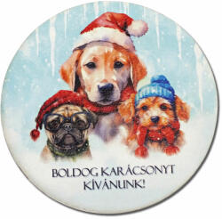 Nyomtatott fa tábla koszorú közép - Boldog karácsonyt kutyusos 14, 8cm - kosarbolt