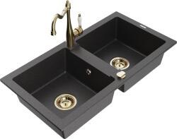 Mexen Mario, gránit mosogató 820x436x161 mm, 2 kamrás és mosogató csaptelep Carla, fekete foltos, 6504-76-670700-50 (6504-76-670700-50)