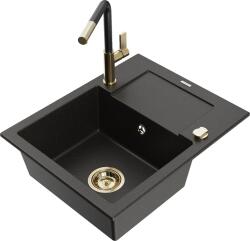 Mexen Enzo, 1 kamrás gránit mosogató 576x465x174 mm és Flora mosogató csaptelep, fekete-arany metál, 6506-75-670401-57-G (6506-75-670401-57-G)