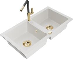 Mexen Mario, 2 kamrás gránit mosogató 820x436x161 mm és Flora mosogató csaptelep, fehér, 6504-20-670401-57-G (6504-20-670401-57-G)