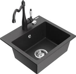 Mexen Milo, gránit mosogató 435x410x171 mm, 1 kamrás és mosogató csaptelep Carla, fekete foltos, 6505-76-670700-76 (6505-76-670700-76)