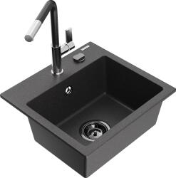 Mexen Milo, 1 kamrás gránit mosogató 435x410x171 mm és Flora mosogató csaptelep, fekete foltos, 6505-76-670401-07-B (6505-76-670401-07-B)