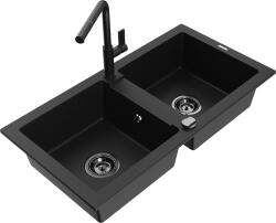 Mexen Mario, 2-kamrás gránit mosogató 820x436x161 mm és Flora mosogató csaptelep, fekete, 6504-77-670401-70-B (6504-77-670401-70-B)
