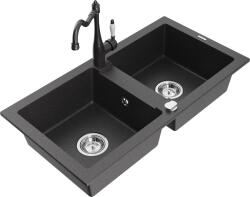 Mexen Mario, gránit mosogató 820x436x161 mm, 2 kamrás és mosogató csaptelep Carla, fekete foltos, 6504-76-670700-76 (6504-76-670700-76)