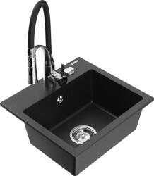 Mexen Milo, 1 kamrás gránit mosogató 435x410x171 mm és Aster mosogató csaptelep, fekete-arany metál, 6505-75-73450-07 (6505-75-73450-07)