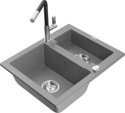 Mexen Carlos, 1, 5 kamrás gránit mosogató 582x475x177 mm és Flora mosogató csaptelep, szürke, 6518-71-670401-07 (6518-71-670401-07)