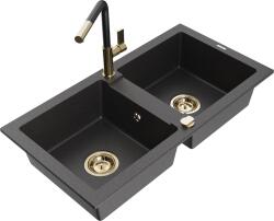 Mexen Mario, 2 kamrás gránit mosogató 820x436x161 mm és Flora mosogató csaptelep, fekete foltos, 6504-76-670401-57-G (6504-76-670401-57-G)