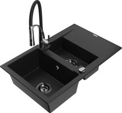 Mexen Gaspar, 1, 5 kamrás gránit mosogató 737x475x177 mm és Aster mosogató csaptelep, fekete, 6507-77-73450-07-B (6507-77-73450-07-B)