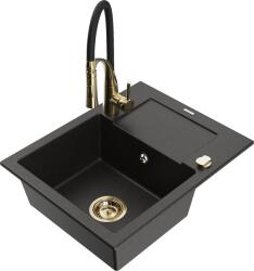 Mexen Enzo, 1 kamrás gránit mosogató 576x465x174 mm és Aster mosogató csaptelep, fekete-arany metál, 6506-75-73450-57-G (6506-75-73450-57-G)