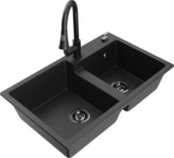 Mexen Tomas, 2 kamrás gránit mosogató 800x500x190 mm és Elia mosogató csaptelep, fekete-ezüst metál, 6516-73-670101-70-B (6516-73-670101-70-B)