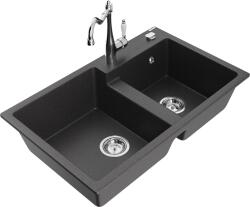 Mexen Tomas, gránit mosogató 800x500x190 mm, 2 kamrás és mosogató csaptelep Carla, fekete foltos, 6516-76-670700-00 (6516-76-670700-00)