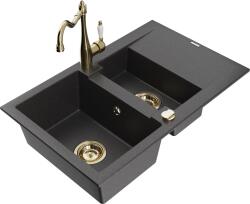 Mexen Gaspar, gránit mosogató 752x436x161 mm, 1, 5 kamrás és mosogató csaptelep Carla, fekete foltos, 6507-76-670700-50 (6507-76-670700-50)