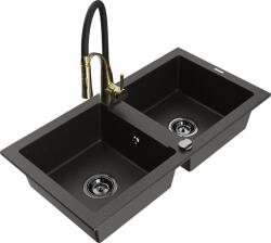 Mexen Mario, gránit mosogató 820x436x161 mm, 2 kamrás és Aster mosogató csaptelep, fekete-arany metál, 6504-75-73450-57-B (6504-75-73450-57-B)