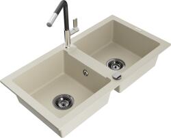 Mexen Mario, 2-kamrás gránit mosogató 820x436x161 mm és Flora mosogató csaptelep, bézs, 6504-69-670401-07-B (6504-69-670401-07-B)