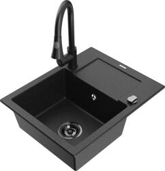Mexen Enzo, 1 kamrás gránit mosogató 576x465x174 mm és Elia mosogató csaptelep, fekete-ezüst metál, 6506-73-670101-70-B (6506-73-670101-70-B)
