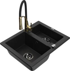 Mexen Carlos, 1, 5 kamrás gránit mosogató 582x475x177 mm és Aster mosogató csaptelep, fekete, 6518-77-73450-57-B (6518-77-73450-57-B)