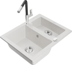 Mexen Carlos, 1, 5 kamrás gránit mosogató 582x475x177 mm és Flora mosogató csaptelep, fehér, 6518-20-670401-07 (6518-20-670401-07)