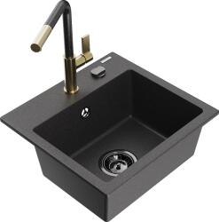 Mexen Milo, 1 kamrás gránit mosogató 435x410x171 mm és Flora mosogató csaptelep, fekete foltos, 6505-76-670401-75-B (6505-76-670401-75-B)