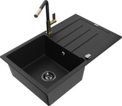 Mexen Bruno, 1 kamrás gránit mosogató 795x495x200 mm és Flora mosogató csaptelep, fekete, 6513-77-670401-57-B (6513-77-670401-57-B)