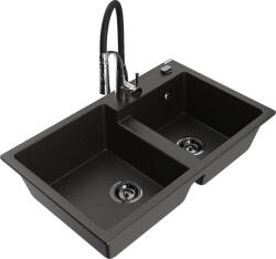 Mexen Tomas, 2-kamrás gránit mosogató 800x500x190 mm és Aster mosogató csaptelep, fekete-arany metál, 6516-75-73450-07-B (6516-75-73450-07-B)