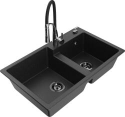 Mexen Tomas, 2-kamrás gránit mosogató 800x500x190 mm és Aster mosogató csaptelep, fekete-ezüst metál, 6516-73-73450-07-B (6516-73-73450-07-B)