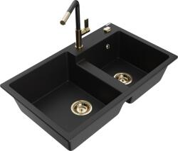 Mexen Tomas, 2 kamrás gránit mosogató 800x500x190 mm és Flora mosogató csaptelep, fekete, 6516-77-670401-57-G (6516-77-670401-57-G)
