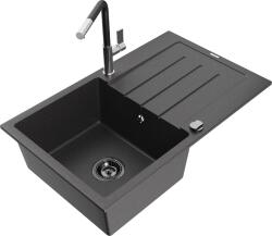 Mexen Bruno, 1 kamrás gránit mosogató 795x495x200 mm és Flora mosogató csaptelep, fekete foltos, 6513-76-670401-07-B (6513-76-670401-07-B)