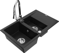 Mexen Gaspar, 1, 5 kamrás gránit mosogató 737x475x177 mm és Elia mosogató csaptelep, fekete, 6507-77-670101-00 (6507-77-670101-00)