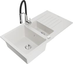 Mexen Matias, gránit mosogató 900x505x200 mm, 1, 5 kamrás és Aster mosogató csaptelep, fehér, 6502-20-73450-07 (6502-20-73450-07)