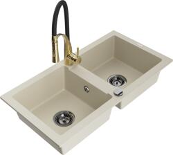 Mexen Mario, gránit mosogató 820x436x161 mm, 2 kamrás és Aster mosogató csaptelep, bézs, 6504-69-73450-57-B (6504-69-73450-57-B)