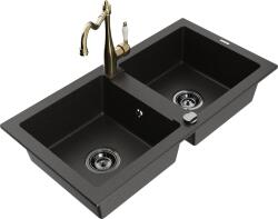 Mexen Mario, gránit mosogató 820x436x161 mm, 2 kamrás és mosogató csaptelep Carla, fekete-arany metál, 6504-75-670700-50-B (6504-75-670700-50-B)