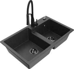 Mexen Tomas, 2-kamrás gránit mosogató 800x500x190 mm és Aster mosogató csaptelep, fekete foltos, 6516-76-73450-70-B (6516-76-73450-70-B)