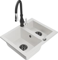Mexen Carlos, 1, 5 kamrás gránit mosogató 582x475x177 mm és Savita mosogató csaptelep, fehér, 6518-20-672601-70 (6518-20-672601-70)