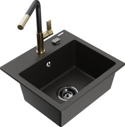 Mexen Milo, 1 kamrás gránit mosogató 435x410x171 mm és Flora mosogató csaptelep, fekete-arany metál, 6505-75-670401-57-B (6505-75-670401-57-B)