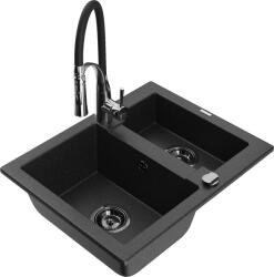 Mexen Carlos, 1, 5-kamrás gránit mosogató 582x475x177 mm és Aster mosogató csaptelep, fekete-ezüst metál, 6518-73-73450-07-B (6518-73-73450-07-B)