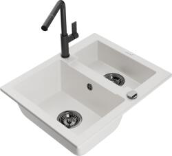 Mexen Carlos, 1, 5 kamrás gránit mosogató 582x475x177 mm és Flora mosogató csaptelep, fehér, 6518-20-670401-70-B (6518-20-670401-70-B)