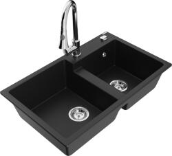 Mexen Tomas, 2 kamrás gránit mosogató 800x500x190 mm és Elia mosogató csaptelep, fekete, 6516-77-670101-00 (6516-77-670101-00)
