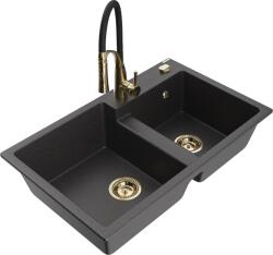 Mexen Tomas, 2 kamrás gránit mosogató 800x500x190 mm és Aster mosogató csaptelep, fekete foltos, 6516-76-73450-57-G (6516-76-73450-57-G)