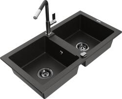 Mexen Mario, 2-kamrás gránit mosogató 820x436x161 mm és Flora mosogató csaptelep, fekete-arany metál, 6504-75-670401-07-B (6504-75-670401-07-B)