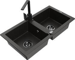 Mexen Mario, gránit mosogató 820x436x161 mm, 2 kamrás, fekete-arany metál fekete szifonnal és fekete Rita mosogató csapteleppel, 6504-75-670300-70 (6504-75-670300-70-B)
