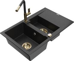 Mexen Gaspar, 1, 5 kamrás gránit mosogató 737x475x177 mm és Flora mosogató csaptelep, fekete-ezüst metál, 6507-73-670401-57-G (6507-73-670401-57-G)