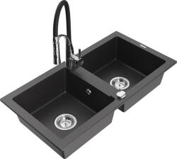 Mexen Mario, gránit mosogató 820x436x161 mm, 2 kamrás és Aster mosogató csaptelep, fekete foltos, 6504-76-73450-07 (6504-76-73450-07)
