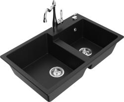 Mexen Tomas, gránit mosogató 800x500x190 mm, 2 kamrás és mosogató csaptelep Carla, fekete, 6516-77-670700-00 (6516-77-670700-00)
