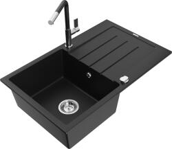 Mexen Bruno, 1 kamrás gránit mosogató 795x495x200 mm és Flora mosogató csaptelep, fekete, 6513-77-670401-07 (6513-77-670401-07)