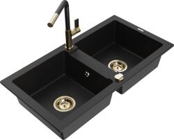 Mexen Mario, 2 kamrás gránit mosogató 820x436x161 mm és Flora mosogató csaptelep, fekete, 6504-77-670401-57-G (6504-77-670401-57-G)