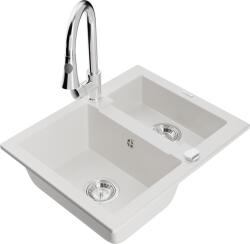 Mexen Carlos, 1, 5 kamrás gránit mosogató 582x475x177 mm és Elia mosogató csaptelep, fehér, 6518-20-670101-00 (6518-20-670101-00)
